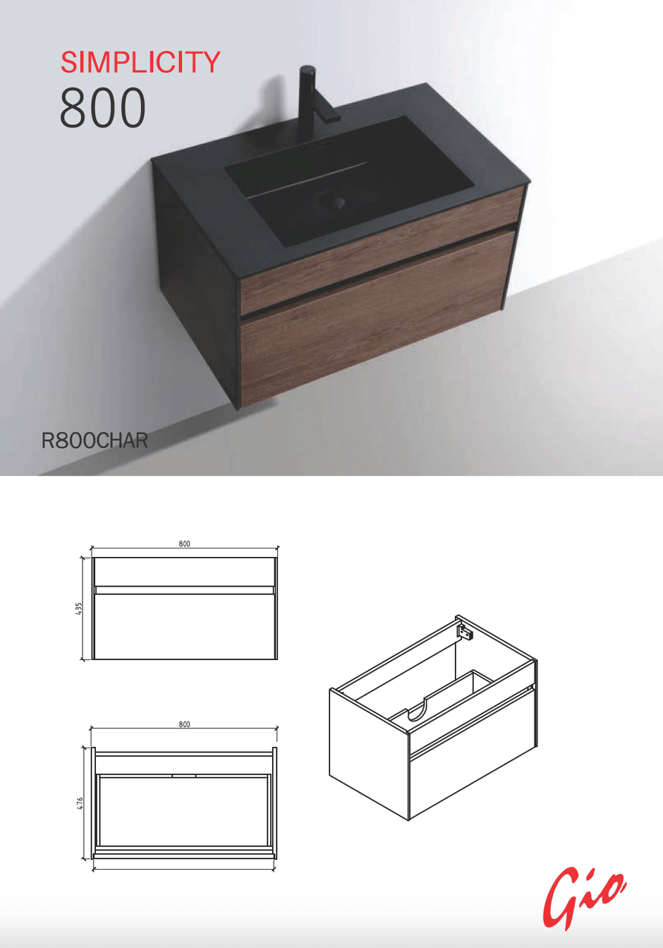 GIO Simplicity 800mm Wall Hung Vanity with Charcoal Basin